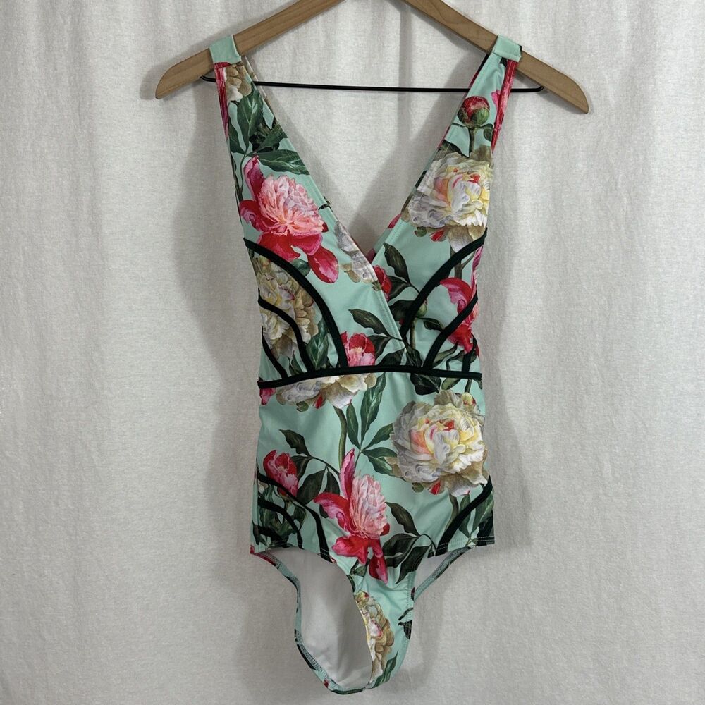 Modcloth The Gilda One Piece Green Floral Swimsuit Womens Size S Retro Feminine